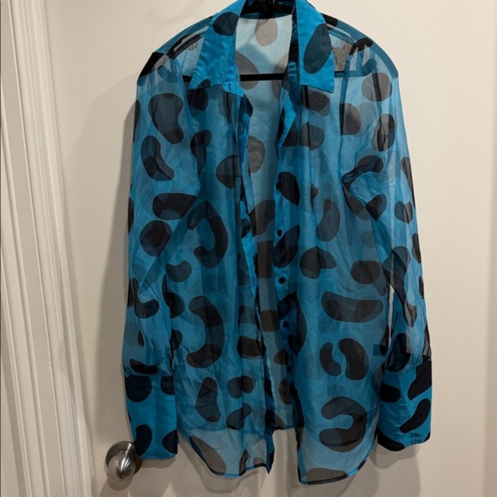 Sheer Blue Leopard Print Button Down Shirt